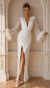 White Party – Feathered Bell Sleeve Ruched Wrap Side Slit Midi Dress