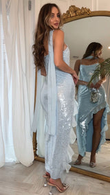 Blue Sequin Slip & Scarf Thigh Slit Ruffle Trim Maxi Dress