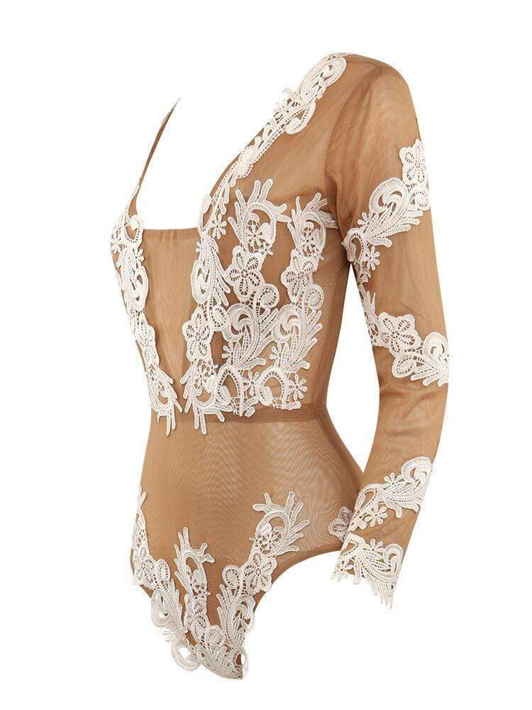 ANTOINETTE VANILLA & WHITE EMBROIDERY V COLLAR MESH BODYSUIT