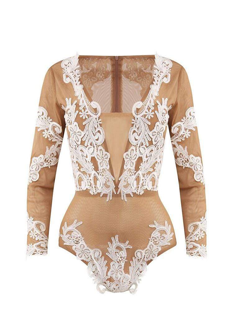 ANTOINETTE VANILLA & WHITE EMBROIDERY V COLLAR MESH BODYSUIT