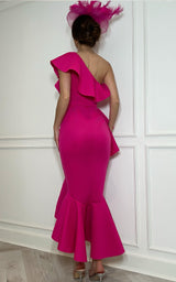 Too Polished To Ignore – Fuchsia Asymmetrical Ruffled Thigh Slit Midi Dress