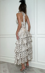 Luxury polka dot occasion dress editorial fashion look