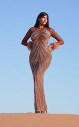 Malakti Toffee Embellished Dress with Detachable Feathers Cuffs Party Dress Maxi