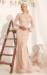 Blushing Bride Nude Crystal & Pearl Embellished Long Bouffant Sleeve Maxi Bridal Dress