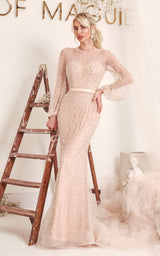 Blushing Bride Nude Crystal & Pearl Embellished Long Bouffant Sleeve Maxi Bridal Dress