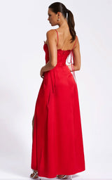 Rabia Red Lace Up High Slit Satin Party Dress