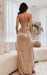 Oceana Glow Shell Detail Draped Metallic Maxi dress Gold