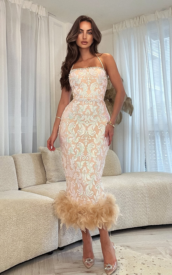 Made you Stare Latte Iridescent Sequin Design Open Back Feather Trim Midi Dress