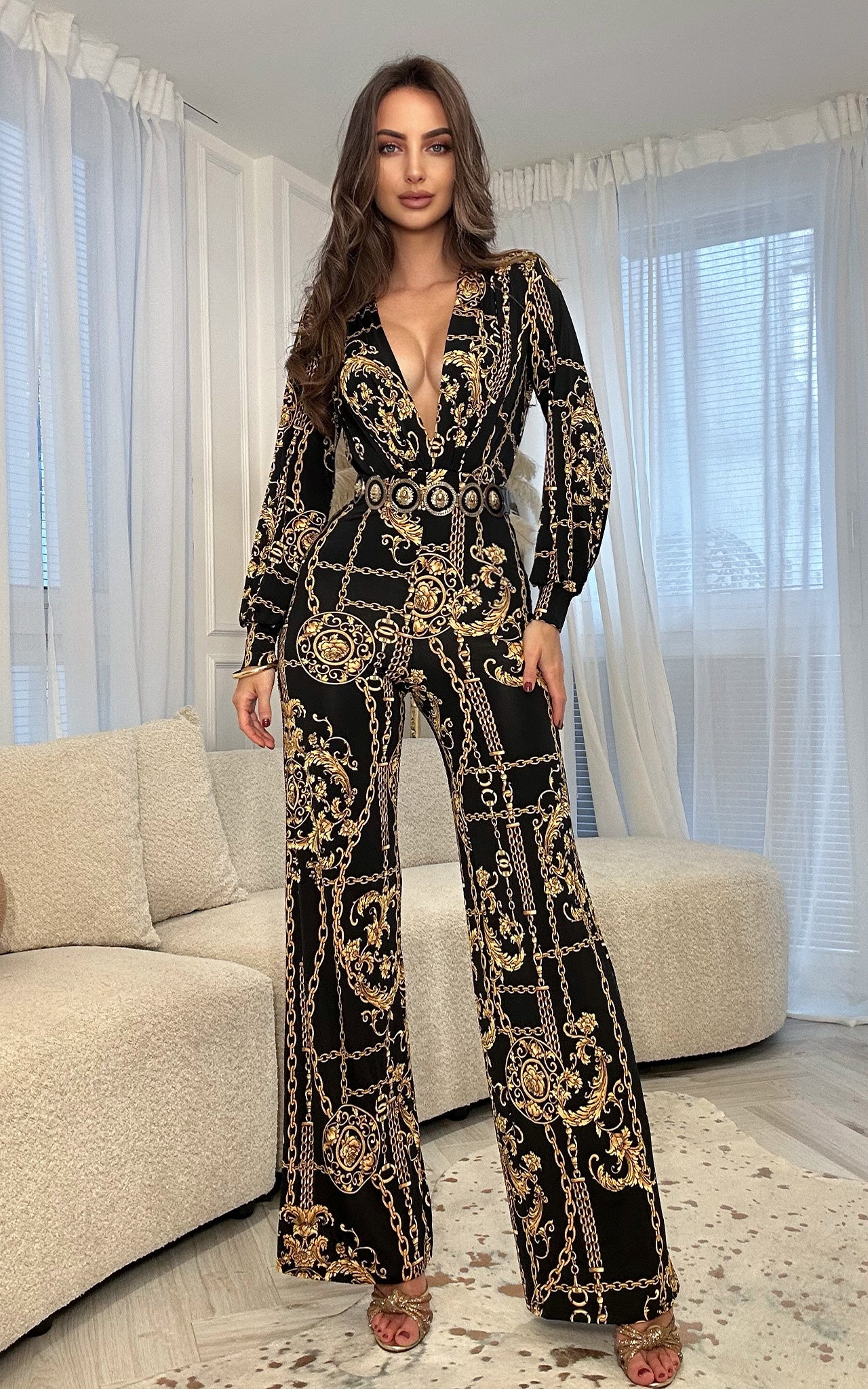 Donatella Black & Gold Chain Print Long Sleeve Deep-V Neck Jumpsuit ...