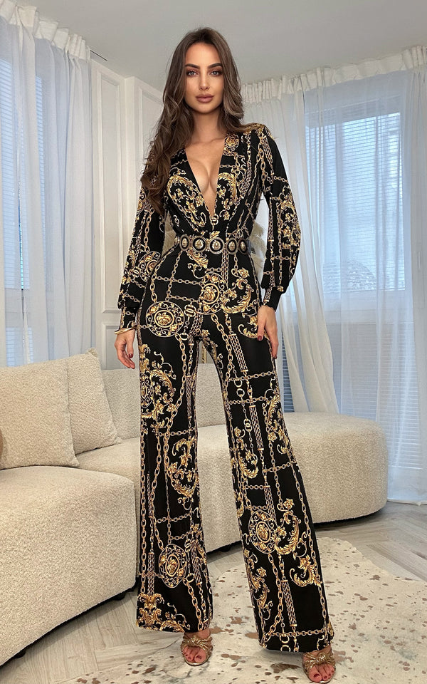 Donatella Black & Gold Chain Print Long Sleeve Deep-V Neck Jumpsuit