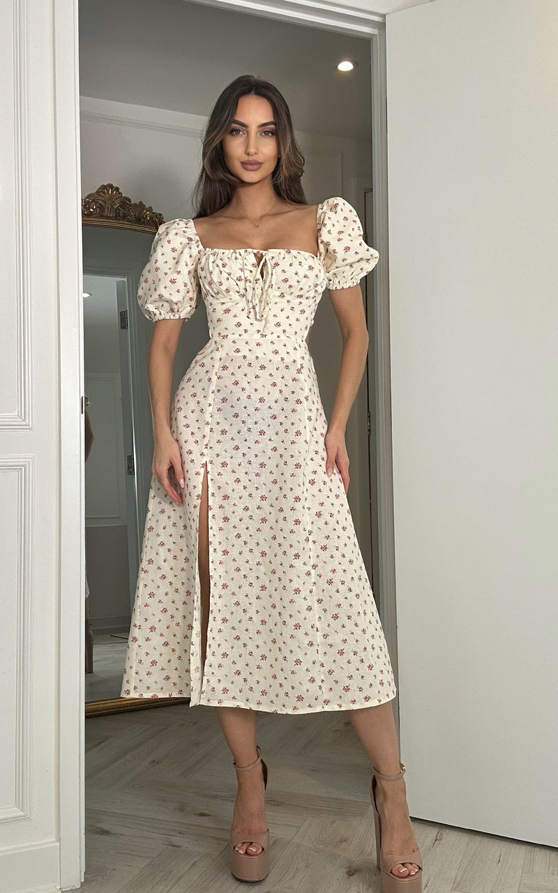 Summer Lemonade Pastel Yellow Floral Print Bustier Top Puffy Sleeve Cut-Out Back Thigh Slit Midi Summer Day Dress