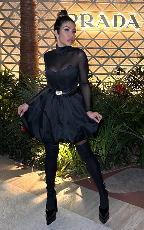 Causing Drama Black High Neck Long Sleeve Bubble Hem Mini Dress