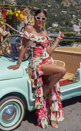 Belíssima Cold Shoulder & Thigh Slit Ruffled Floral Print Summer Dress