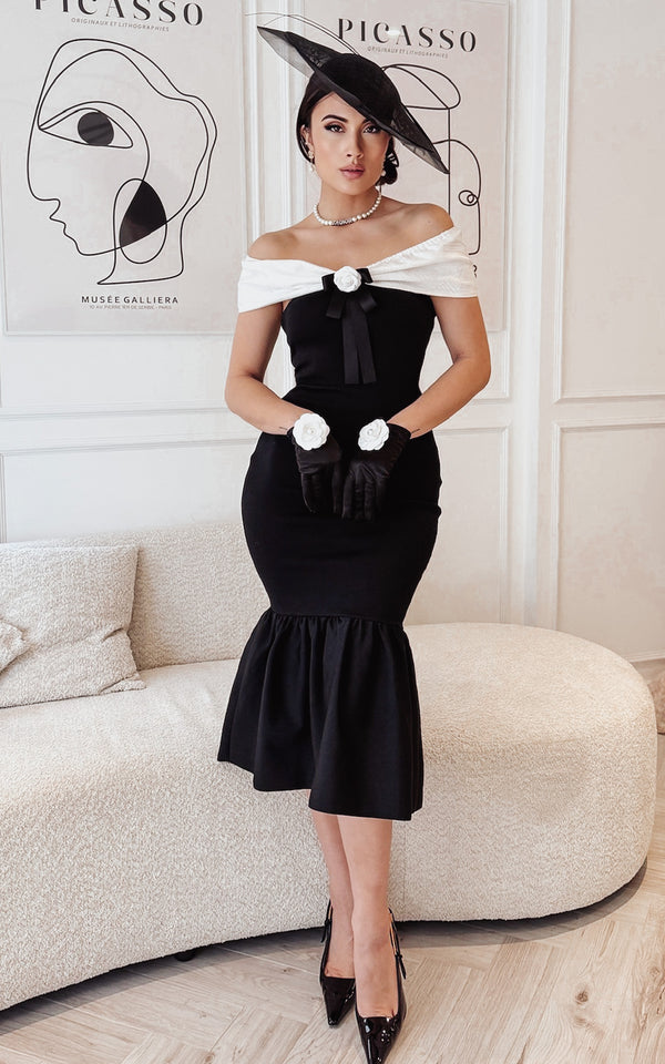 Derby Me Black Bandage Off-the-Shoulder Camellia Flower Detail Mermaid Style Midi Dress