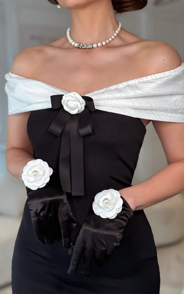 Derby Me Black Bandage Off-the-Shoulder Camellia Flower Detail Mermaid Style Midi Dress