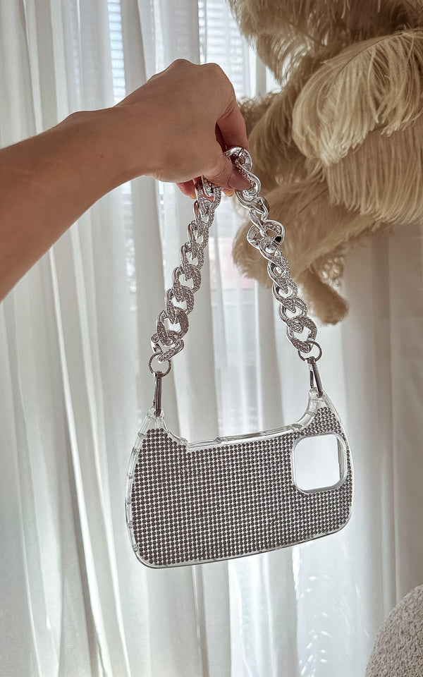 Rhinestone Embellished Iphone Case Cover & Silver Chunky Chain Strap Phone Accessories