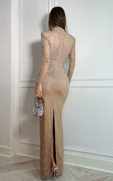 Epitome of Luxe Nude Crystal & Pearl Embellished High Neck Shoulder Padded Long Sleeve Maxi Dress