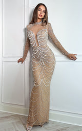 Epitome of Luxe Nude Crystal & Pearl Embellished High Neck Shoulder Padded Long Sleeve Maxi Dress
