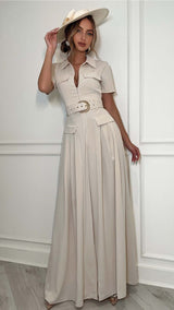 Riviera Heir Short Sleeve Belted Flared Old Money Jumpsuit Beige