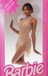 Sleek N Sassy Skin Tan Sleeveless & Thigh Slit Embelished feathers Party Dress Mini