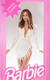 Crystal White Padded Shoulders Deep V & Thigh Slit Feathers Embellished Hem Party Mini Dress