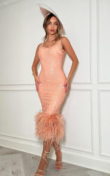 Glamorous peach occasion dress for birthday and wedding guest styling