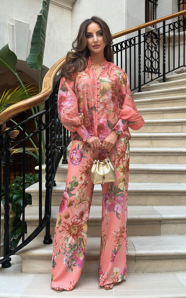 Peach Fizz Floral Print Bouffant Sleeve Blouse & Wide Leg Trousers Co-ord Set