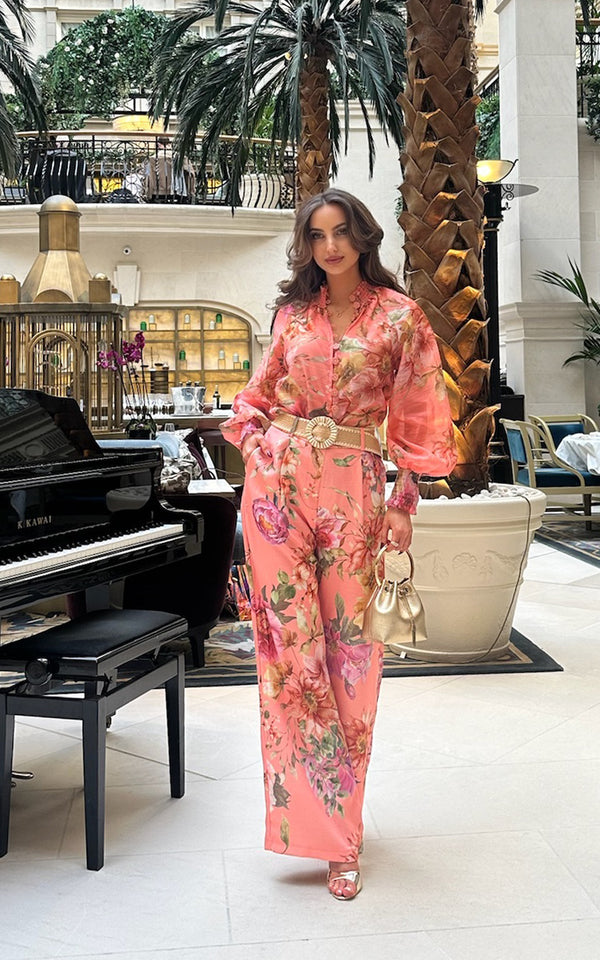 Peach Fizz Floral Print Bouffant Sleeve Blouse & Wide Leg Trousers Co-ord Set