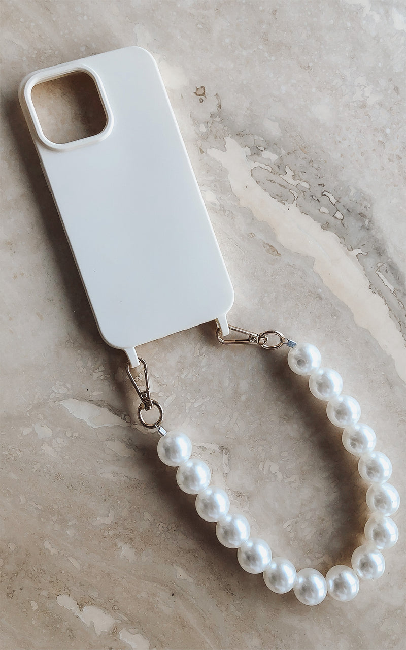 Cream iPhone Case Cover & Pearl Strap Phone Accessories