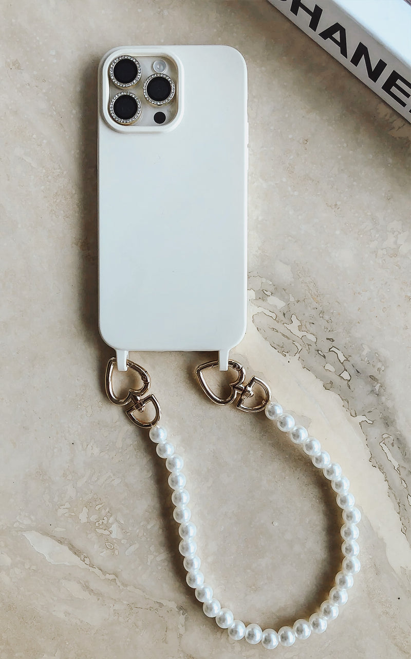 Cream iPhone Case Cover & Pearl Phone Strap Accessories
