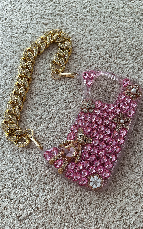 Pink Rhinestone Embellished Iphone Case Cover & Gold ChunkyChain Strap Phone Accessories