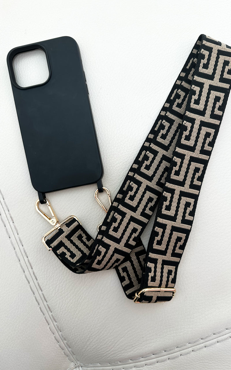 Black iPhone Case Cover & Textured Mocha Print Designer Strap Phone Accessories