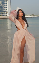 Deep End Diva Shimmering Lilac Thigh Slit Balloon Sleeves Maxi Dress