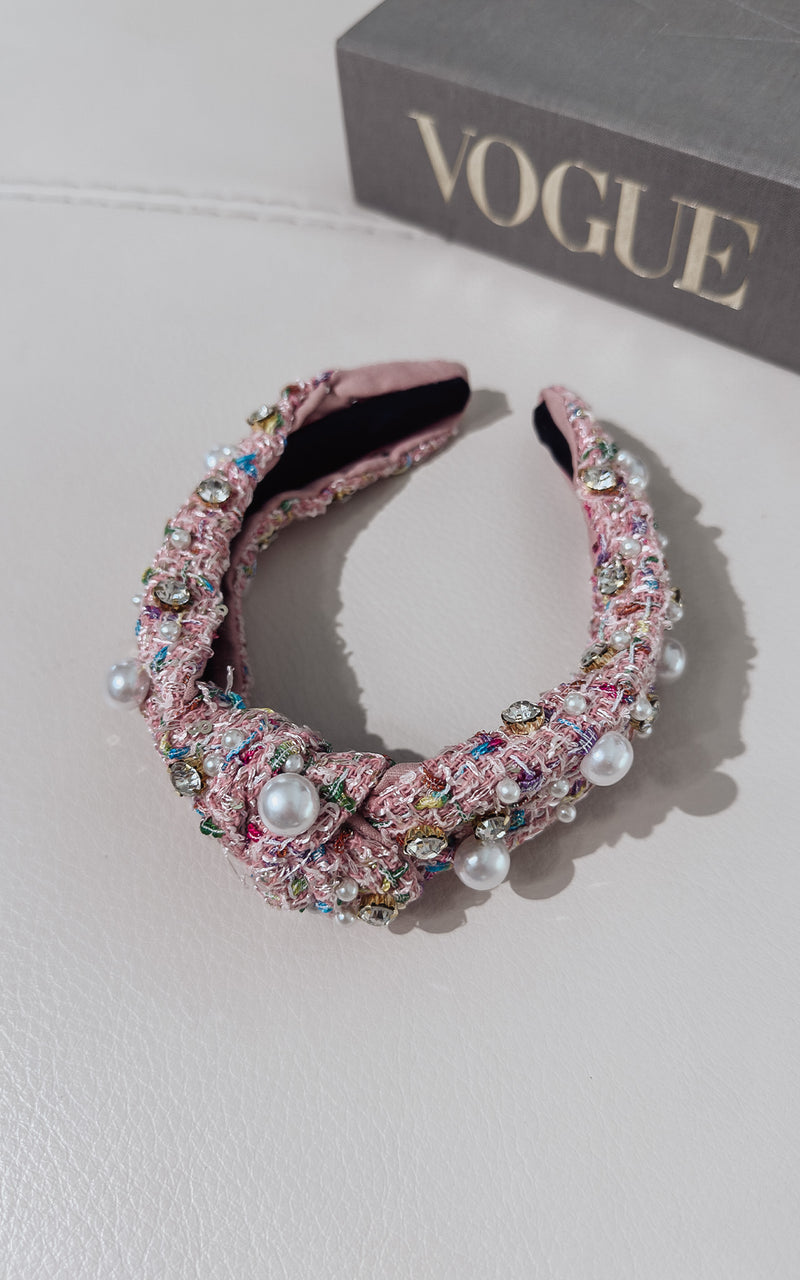 Primadonna Pink Tweed & Pearl Hair Accessories Headband
