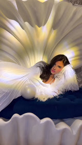 Seashell Soirée White Feathers Cuffs Trimmed 3 Pieces Luxury Trouser Set