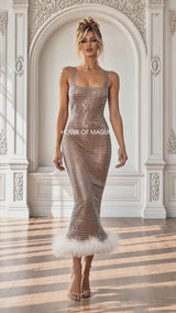 Maguie’nificent – Premium Crystal Embellished Feather Trim Midi Dress MADE TO ORDER