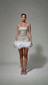 Gen Glam Silver Champagne Sequin Feather Trim Party Dress