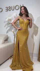 Soleil Mio Gold Sequin Bustier Side Thigh Slit Maxi Occasion Dress