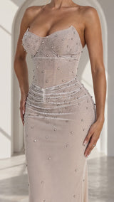 Champagne Heiress Premium Crystal Embellished Corset Maxi Dress – Silver