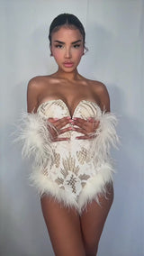 Taken, Obviously – White Sequin Feather Trim Party Playsuit