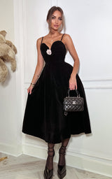 Old Money Black Velvet Bustier Camellia Flower Bow Detail Formal Midi Dress
