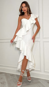 Too Polished To Ignore – White Asymmetrical Ruffled Thigh Slit Midi Dress