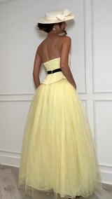 Yellow Tulle Strapless Waistcoat Design Black Tie Belt Maxi Dress