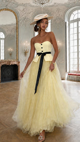 Yellow Tulle Strapless Waistcoat Design Black Tie Belt Maxi Dress