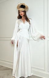 Royal Society – White V Collar Feather Cuffs Thigh Split Satin Maxi Dress