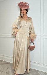 Royal Society – Champagne Beige Colour V Collar Feather Cuffs Thigh Split Satin Maxi Dress