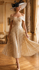 Champagne in Polka Dots Vintage Off-the-Shoulder Pleated Midi Dress