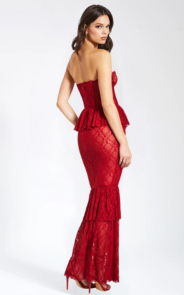 Quennell Red Lace Bustier Peplum Top Mermaid Style Party Maxi Dress