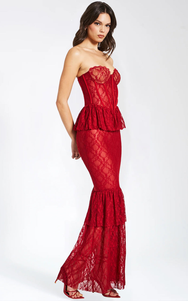 Quennell Red Lace Bustier Peplum Top Mermaid Style Party Maxi Dress
