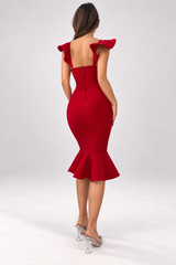 Santa Babe – Cherry Red Butterfly Sleeve Mermaid Bandage Midi Dress